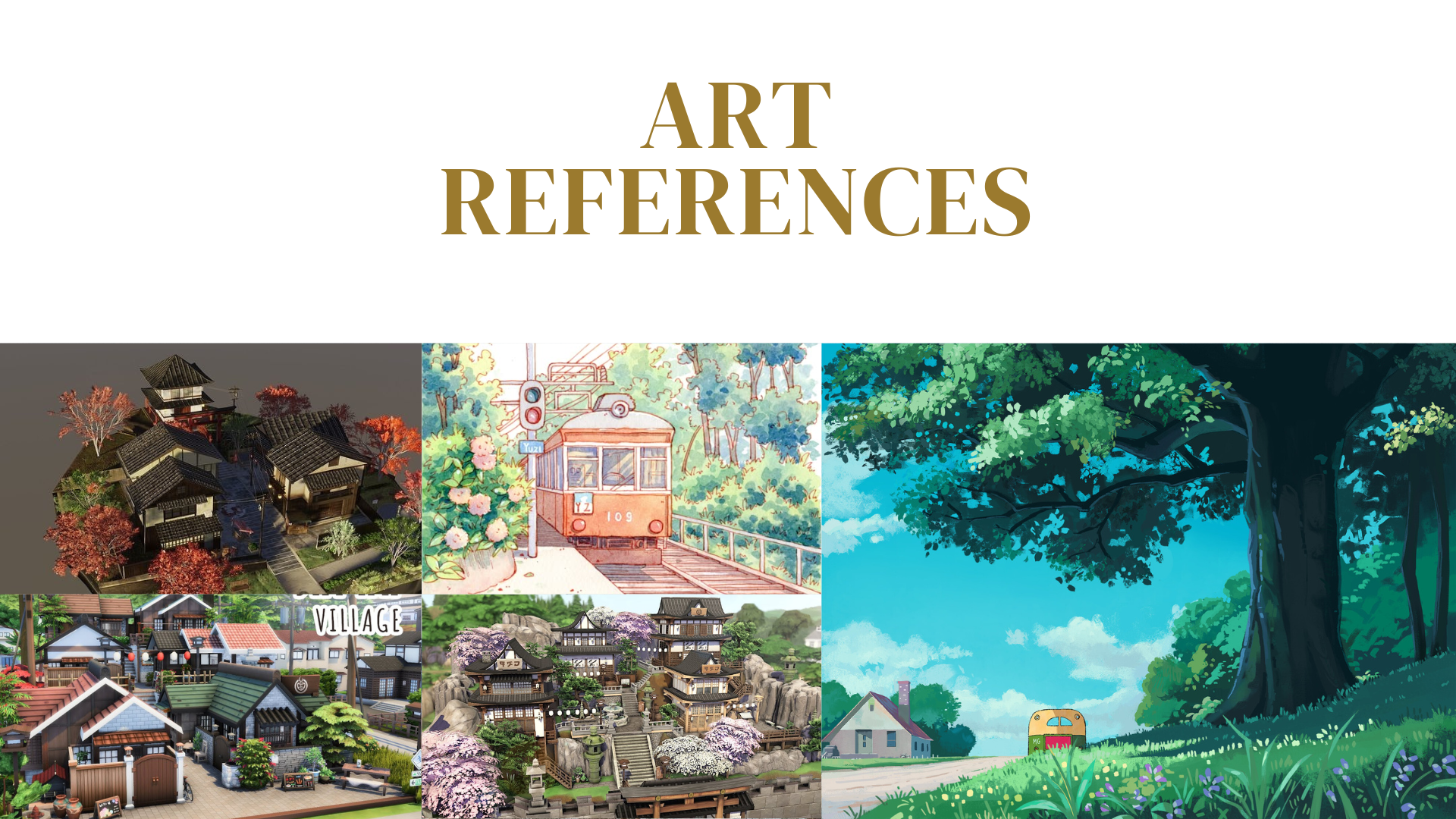 Art direction mood board, castle town, tram, and village environment references